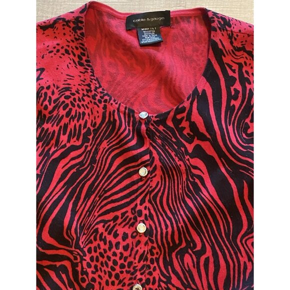 Cable & Gauge L Red Black Animal Print Button Up Cardigan Sweater Rhinestones - Picture 5 of 9